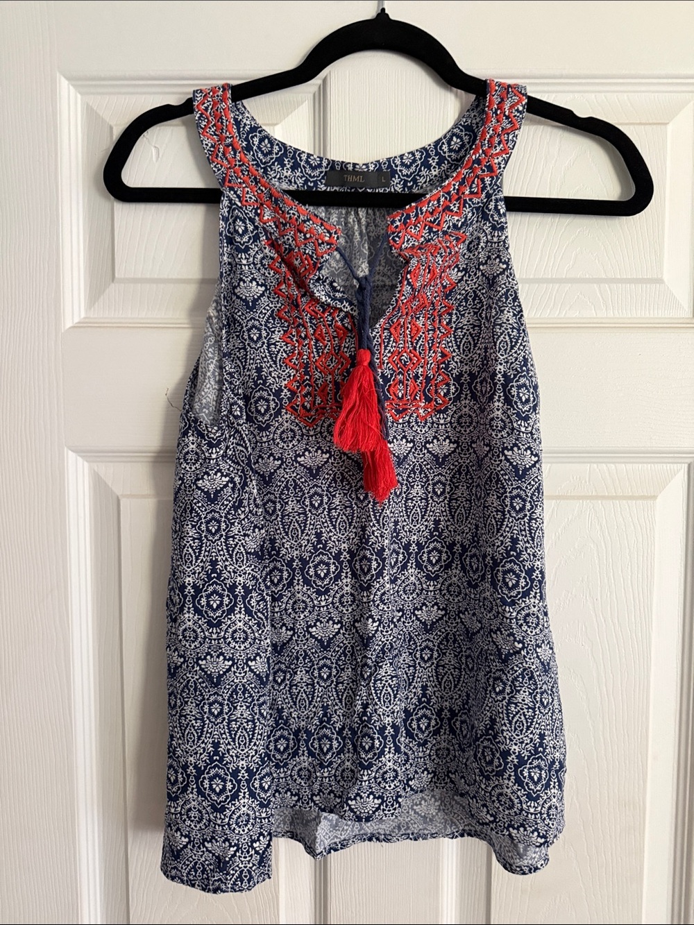 THML Navy Printed Sleeveless Camisole with Coral Embroidery